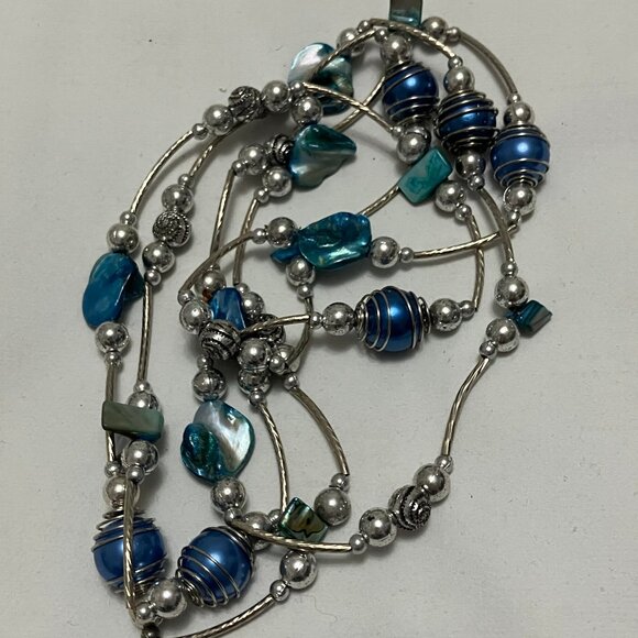 Fashion Costume Blue Silver Bead & Stone Rope Necklace and Bracelet Set - Picture 9 of 12